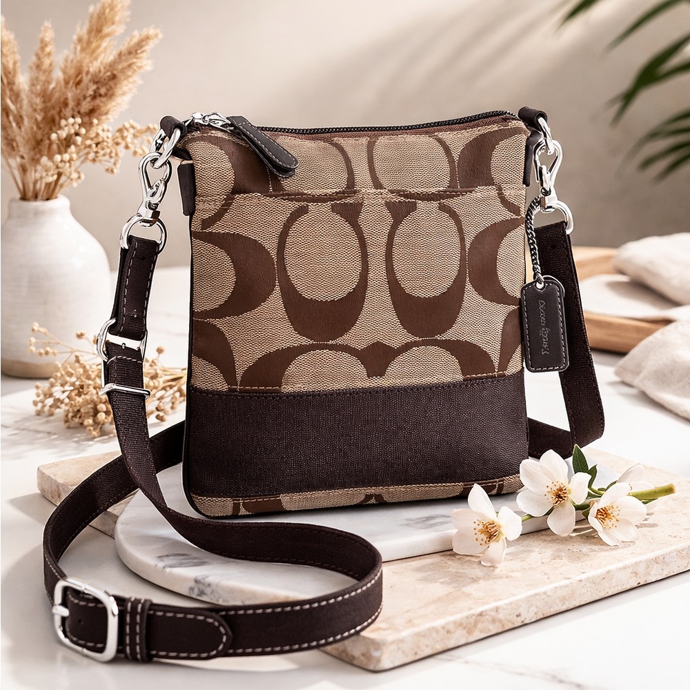 Coach Brown Signature Canvas Crossbody with Dark Trim